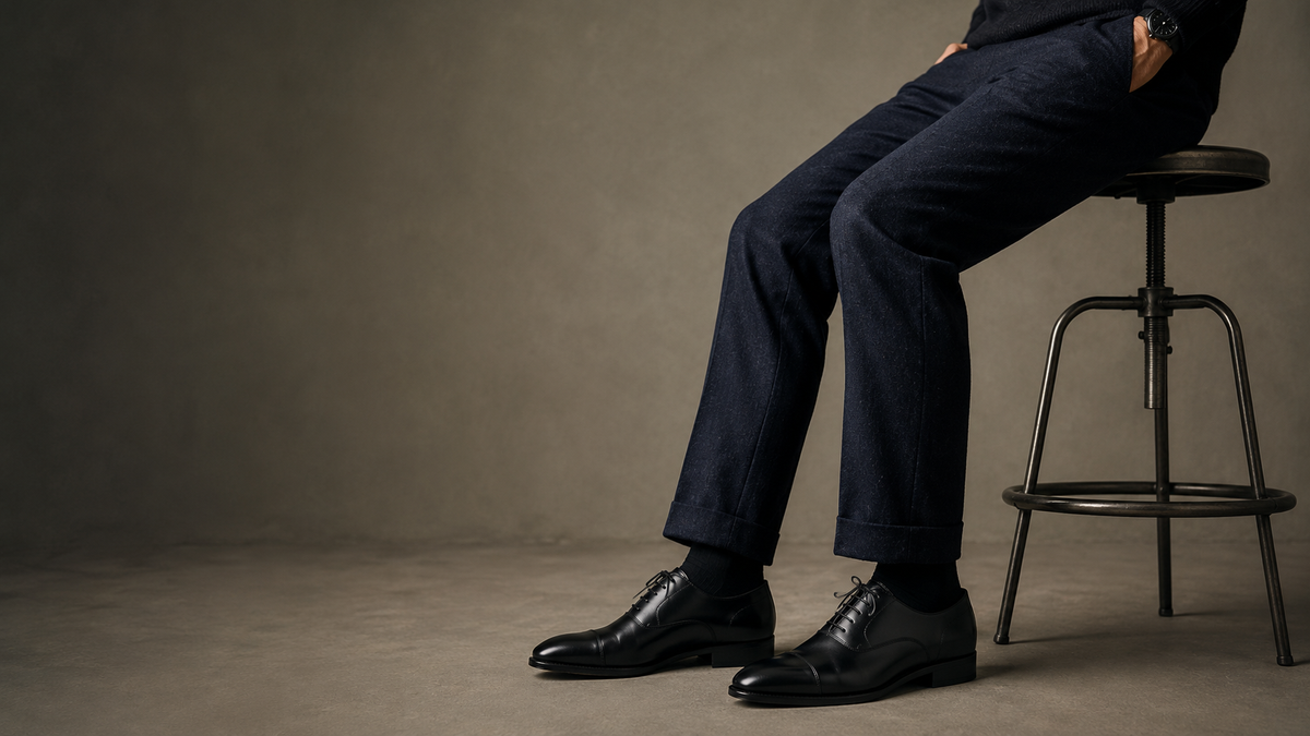 Man wearing black leather sneakers in a modern interior